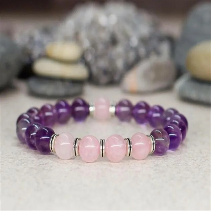 

8mm Amethyst Rose Quartz Bracelet 7.5 inches Stackable Jewelry Lovers Ethnic Link Charm Prayer