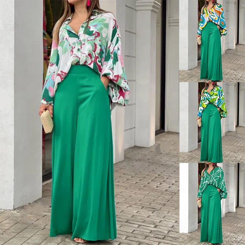 ผู้หญิงใหม่ 2025 พิมพ์ชุดลําลองหลวมเสื้อคอปกขนาดใหญ่เอวสูงกางเกงขากว้างชุดสองชิ้น