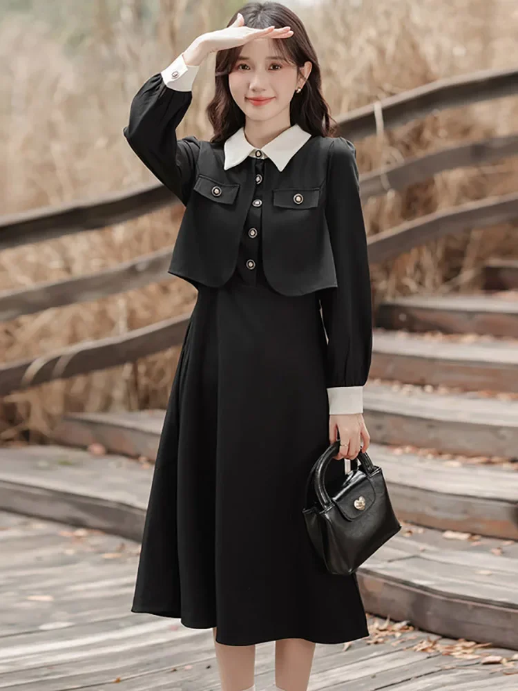 

2024 Black Patchwork Fake Two Piece Midi Dress Women Long Sleeve Polo Collar Office Lady Dress Autumn Winter Elegant Party Dress