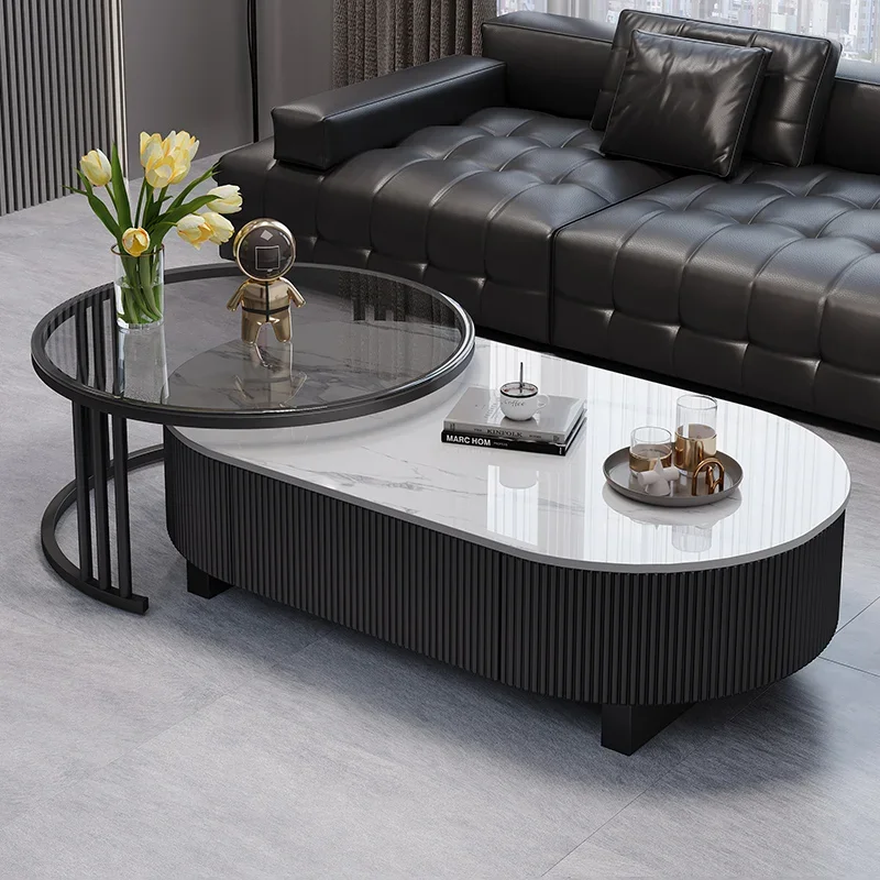 Nesting Coffee Table Set Of 2 With Drawer Storage Modern Coffee Table With Marble Texture Top For Living Room Center Table