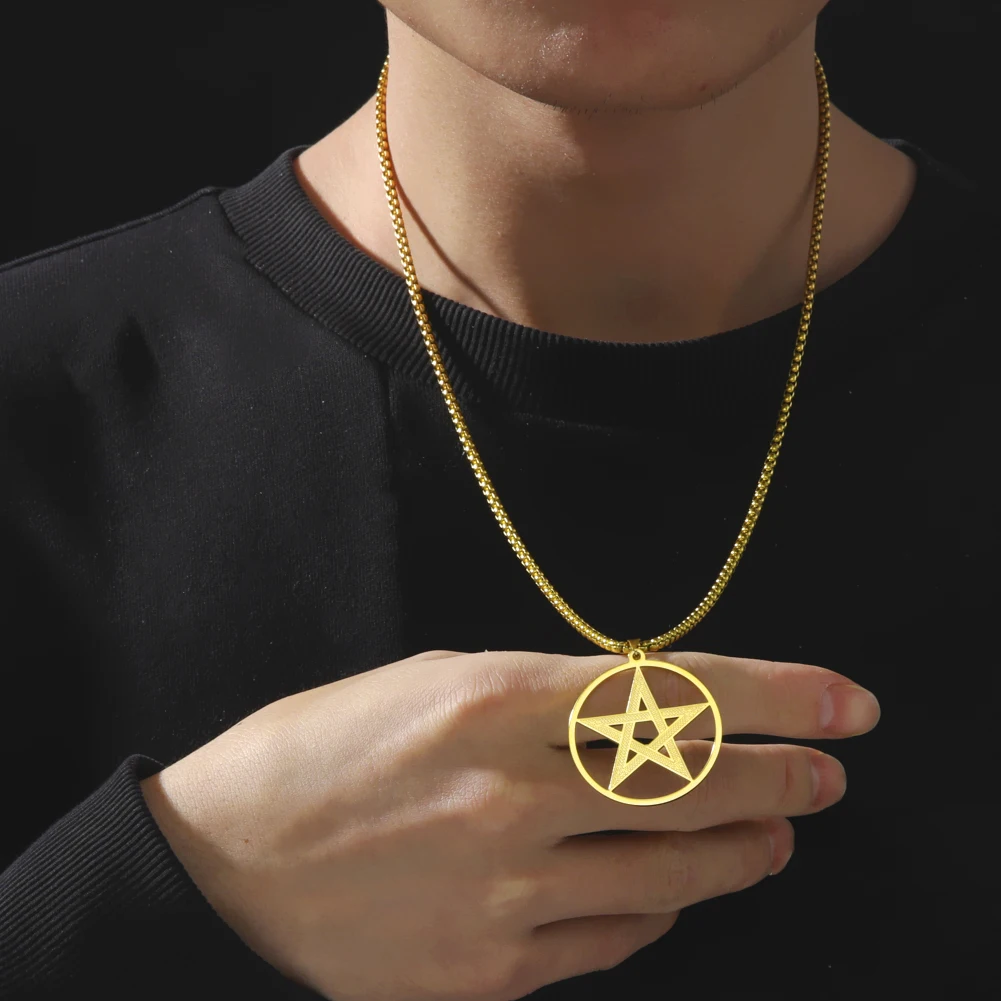 Satan Pentagram Pendant Stainless Steel Necklace Retro Antique Star Chain for Men Boyfriend Party Summer Must-Have Jewelry Gift