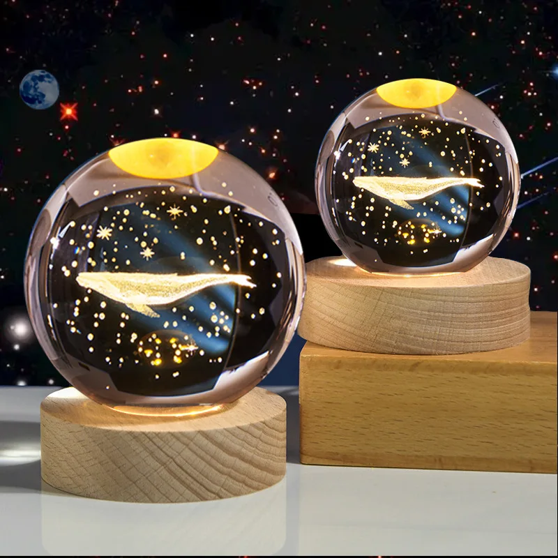 8cm Crystal Ball Night Light Galaxy 3D Laser Engraved Ornament Wooden Galaxy Night Lamp