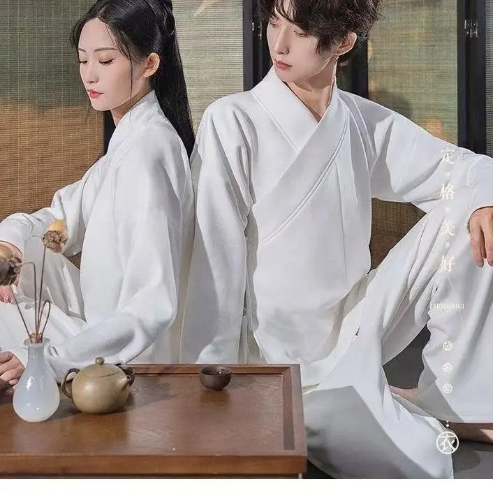 Cotton Linen Hanfu Base Men Women Ancient Traditional Chinese Pajamas Couples Inner Wear Hanfu Match Tops Pants 2Pieces Set