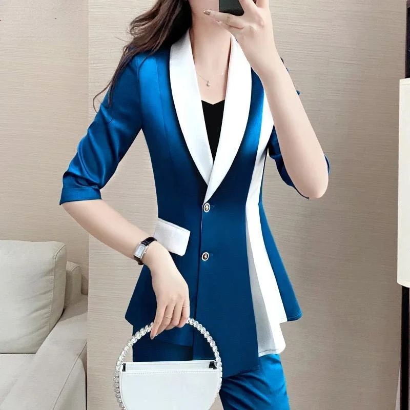 Women's Small Suit Jacket Business Suit Sapphire Blue Temperament Stitching Contrast Color Irregular Suit Top