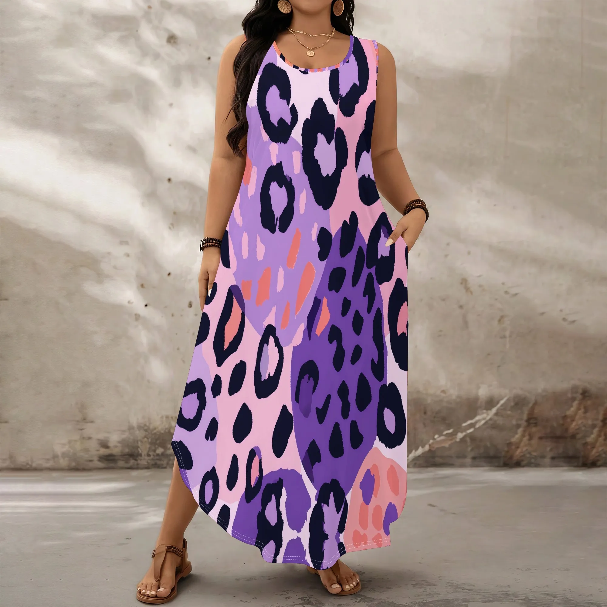 

Plus Size Women's Leopard Print Tank Maxi Dress, Sleeveless Casual Colorful Boho Beach Sundress with Pockets XL-6XL