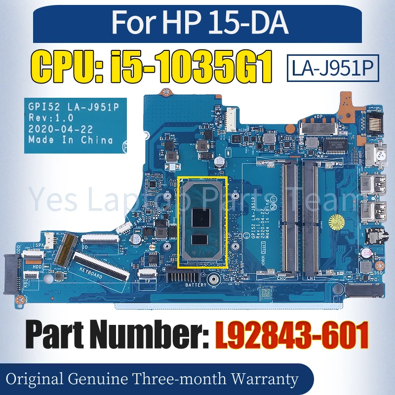 

GPI52 LA-J951P для ноутбука HP15-DA, материнская плата L92843-601 SRGKG i5-1035G1, 100% протестированная материнская плата для ноутбука