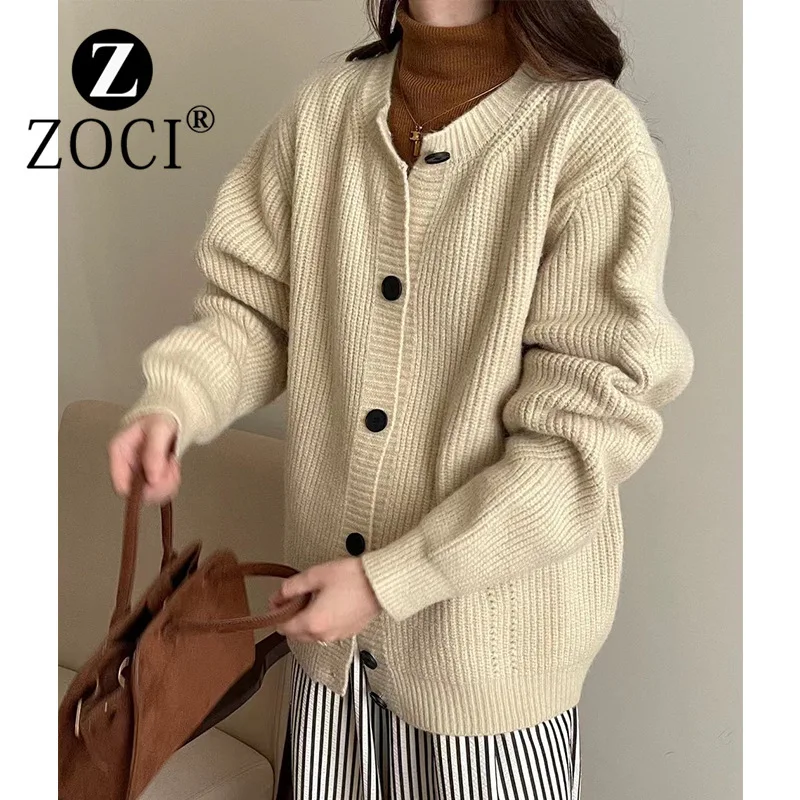 [ZOCI] 2024 Korean Lazy Style Round Neck Single Breasted Knitted Cardigan Women's Autumn And Winter WesternLoose Soft Fashion