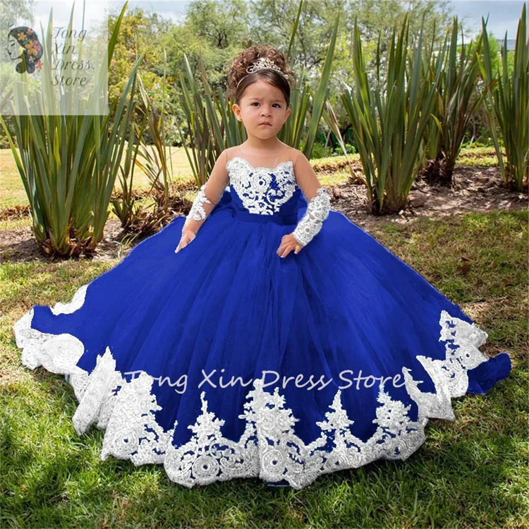 

Long Sleeves Flower Girl Dresses For Weddings Toddlers Satin Bow Ball Gown Pageant Dress Sparkly 1st Communion Party Gowns