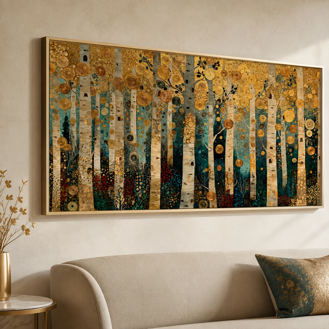 Klimt Style Birch Tree Canvas Wall Art, Golden Foil Forest Landscape Print, Art Nouveau Large Horizontal Living Room Home Decor