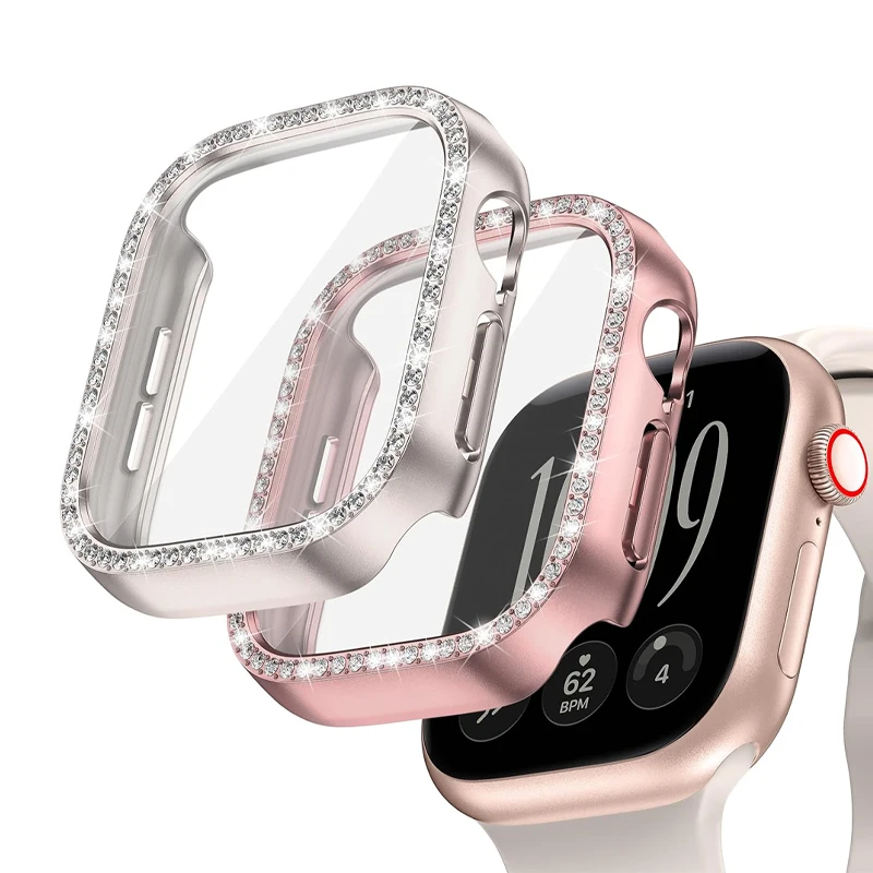 Bling Case for Apple Watch Series 12 11 10 46mm 42mm Screen Protector HD Tempered Glass Crystals Bumper Cover iWatch Protective
