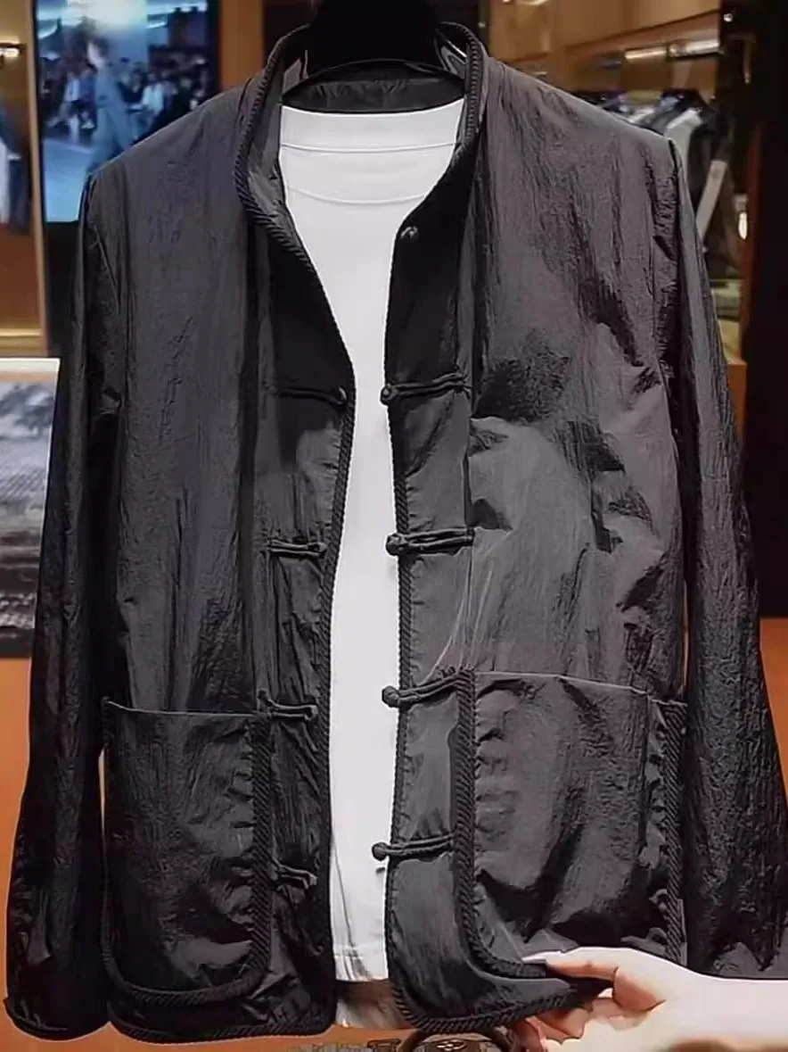 

Loose Fit Long Sve Men's irt Chinese Sle Casual Coat Button Detail Breathable Comfortable Spring Autumn Wear