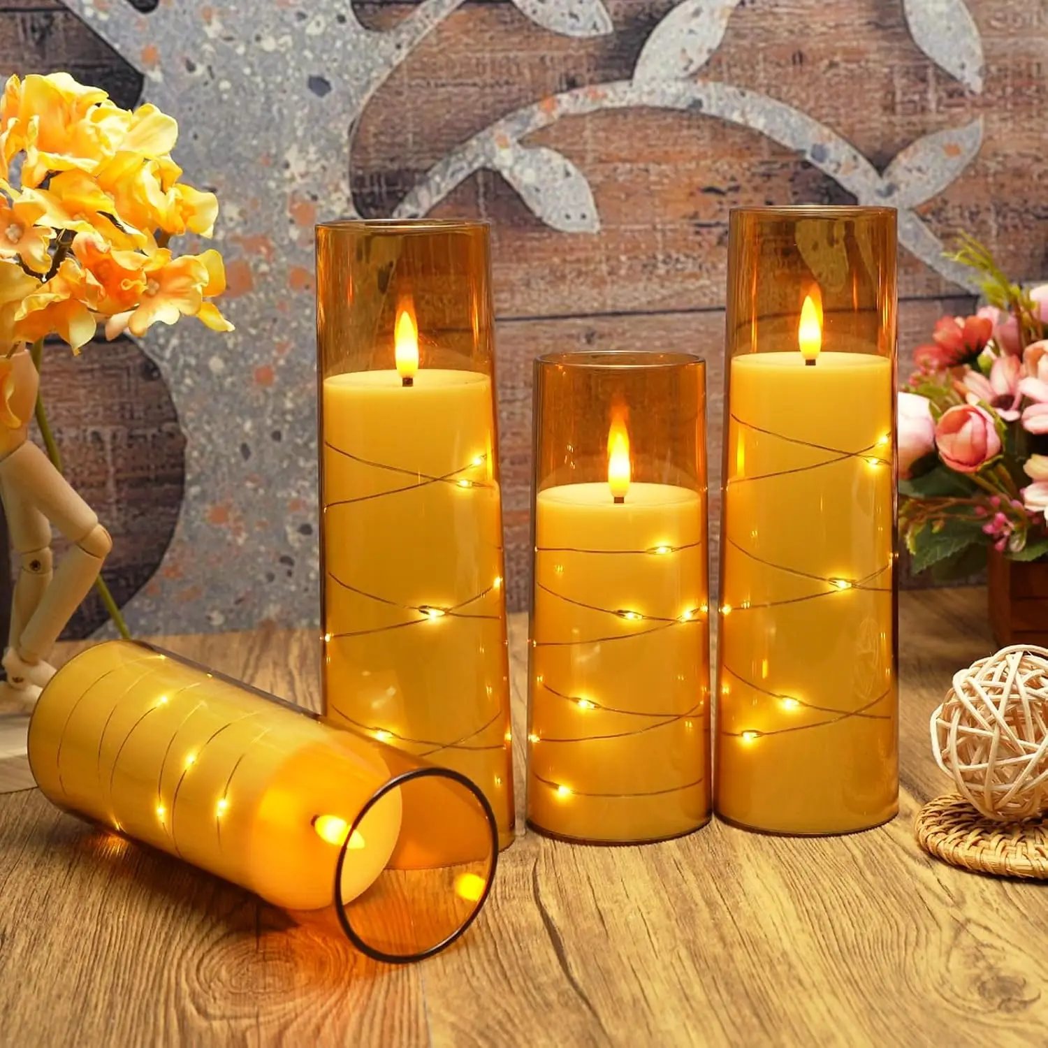 Flameless Flickering Candles, Acrylic LED Candle Lights with Embedded Fairy Lights, Battery Operated Candles for Home Decor