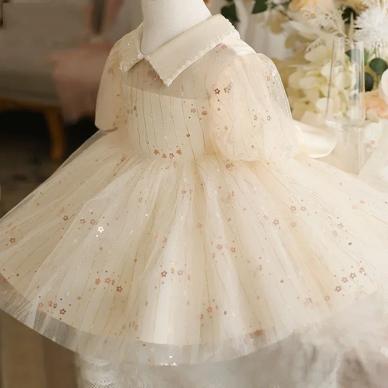 Customized CustomizedSimple Elegant Girls Birthday Party Dress Lapel Puff Sleeve Flower Girl Dresses Bow Ball Gown Ki