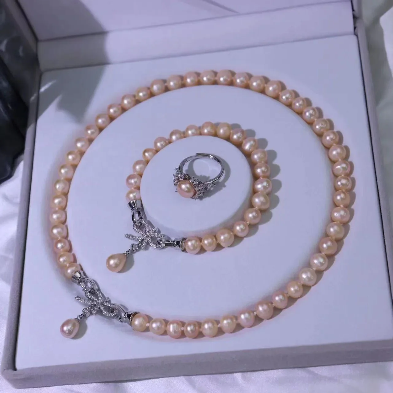 

Natural Pearl AAAA 8-9mm South Sea Pink Pearl Necklace 18inch+7.5-8inch Bracelet with Opening Ring 925s