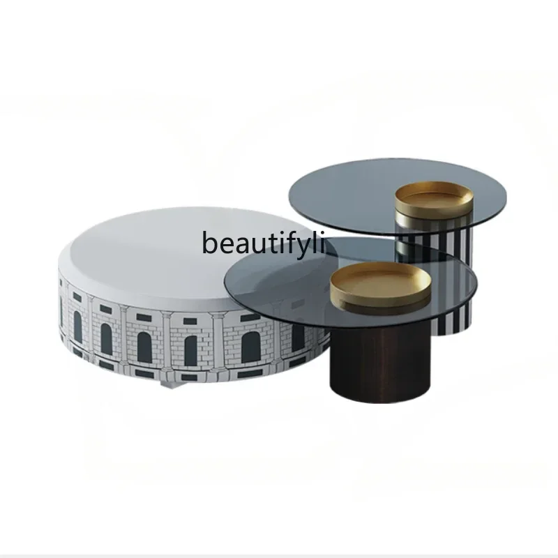 

A Light Luxury Modern Living Room Coffee Table Small Apartment Hand Painting round Small Table Glass Side Table Combination