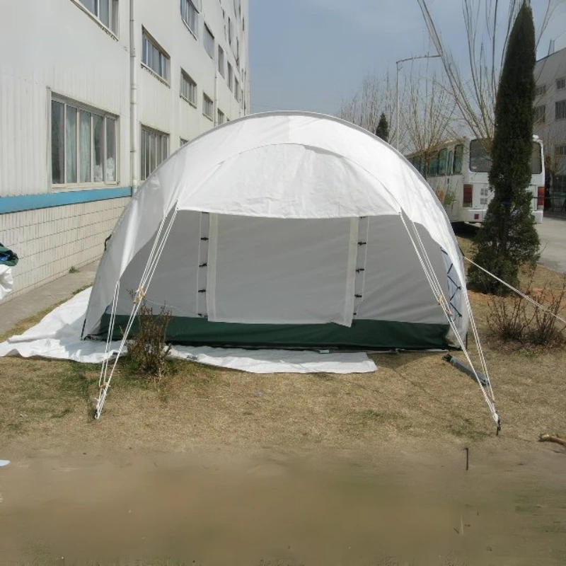 Portable refugee camp tent using tunnel tent structure 3000 mm waterproof and windproof double layer 6 person capacity