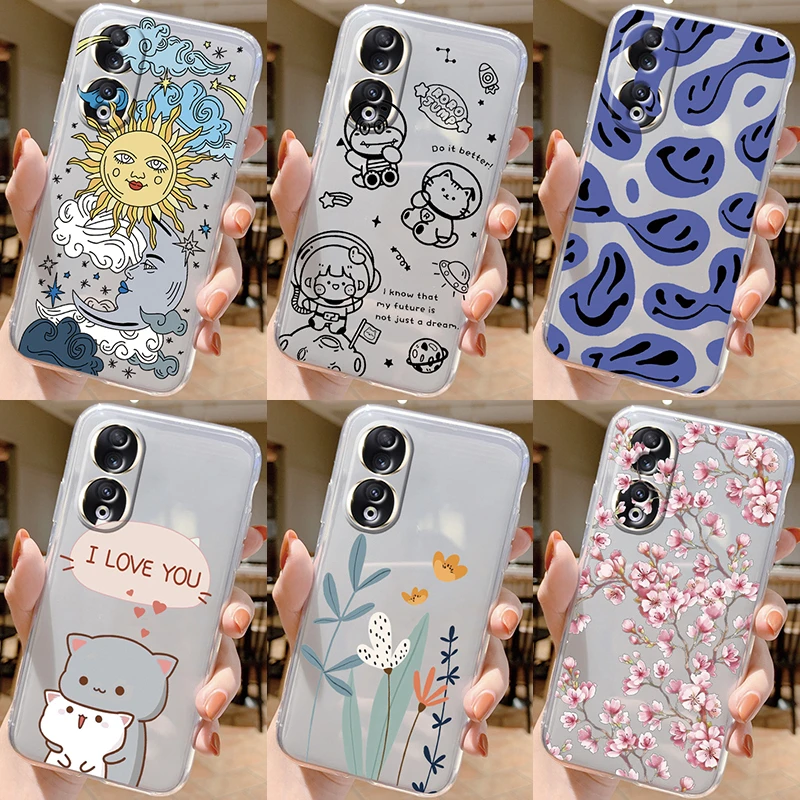 For Honor 90 Case Flower Stylish Painted Cover Soft TPU Case Transparent Shockproof Phone Funda For Honor90 Bumper Shell Cartoon