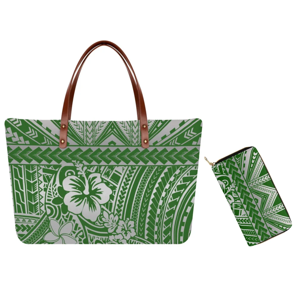 

New Design Custom Hd Patterned Text Women'S Tote Large Capacity Leather Shoulder Bag And Purse Set Polynesian Art Print