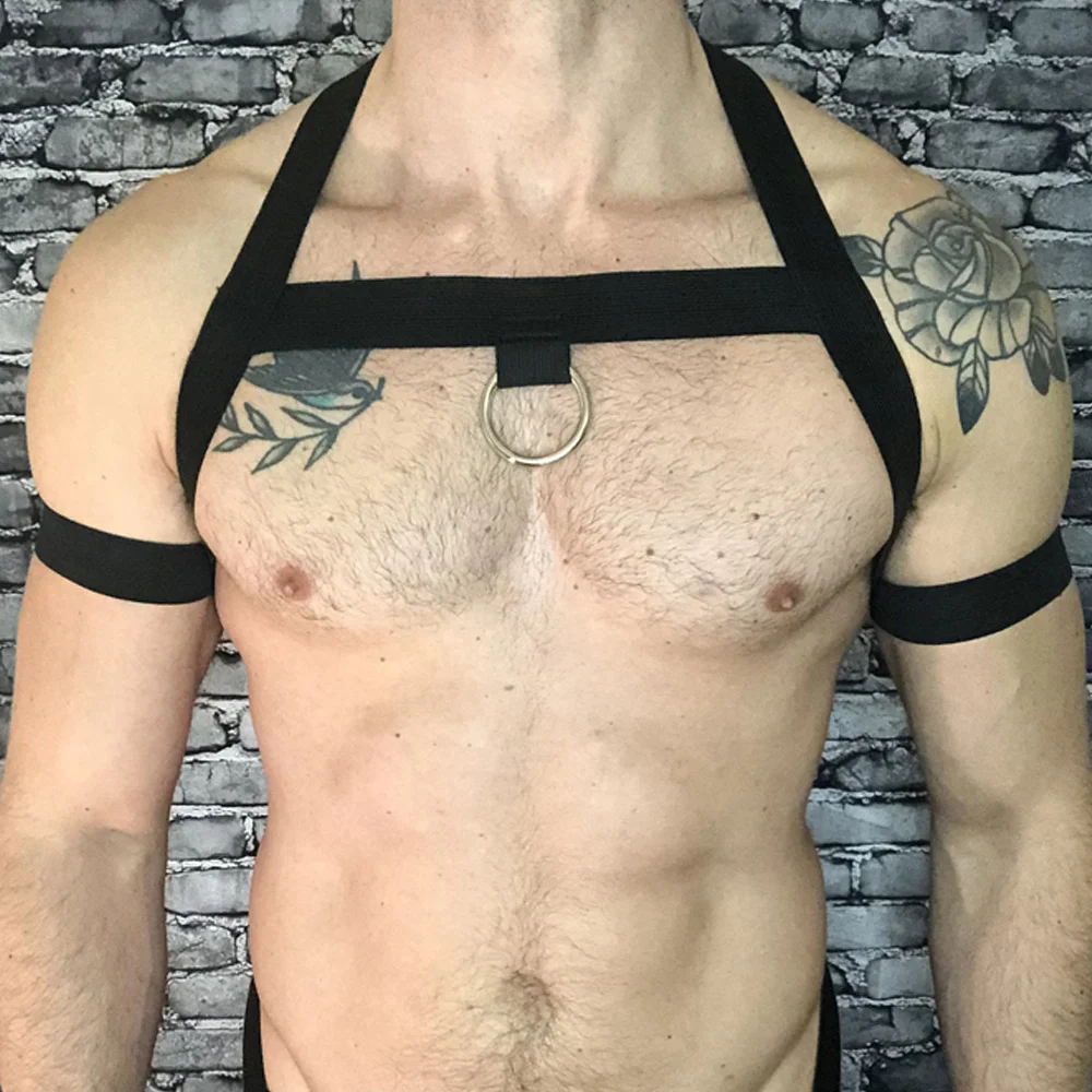 Men Gay Body Chest Harness Halter Neck Elastic Sexy Bondage Top Lingerie with Armband Shoulder Straps Sissy Gay Club Costume