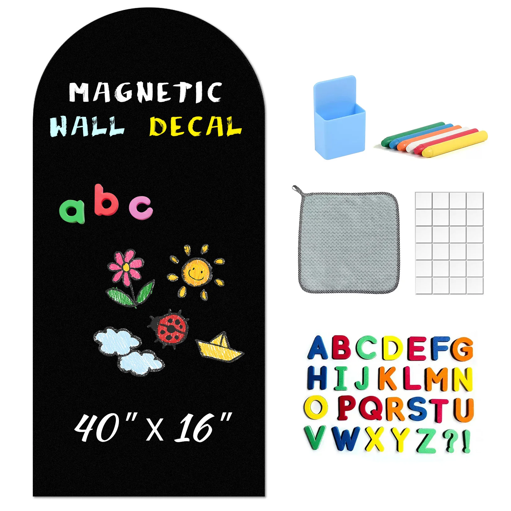 Magnetic Chalkboard Wall Decal Set for Kids – Removable Arched Blackboard Sticker with ABC Magnets, Chalks, Eraser & Holder – Educational Magnetic Board for Playroom or Nursery