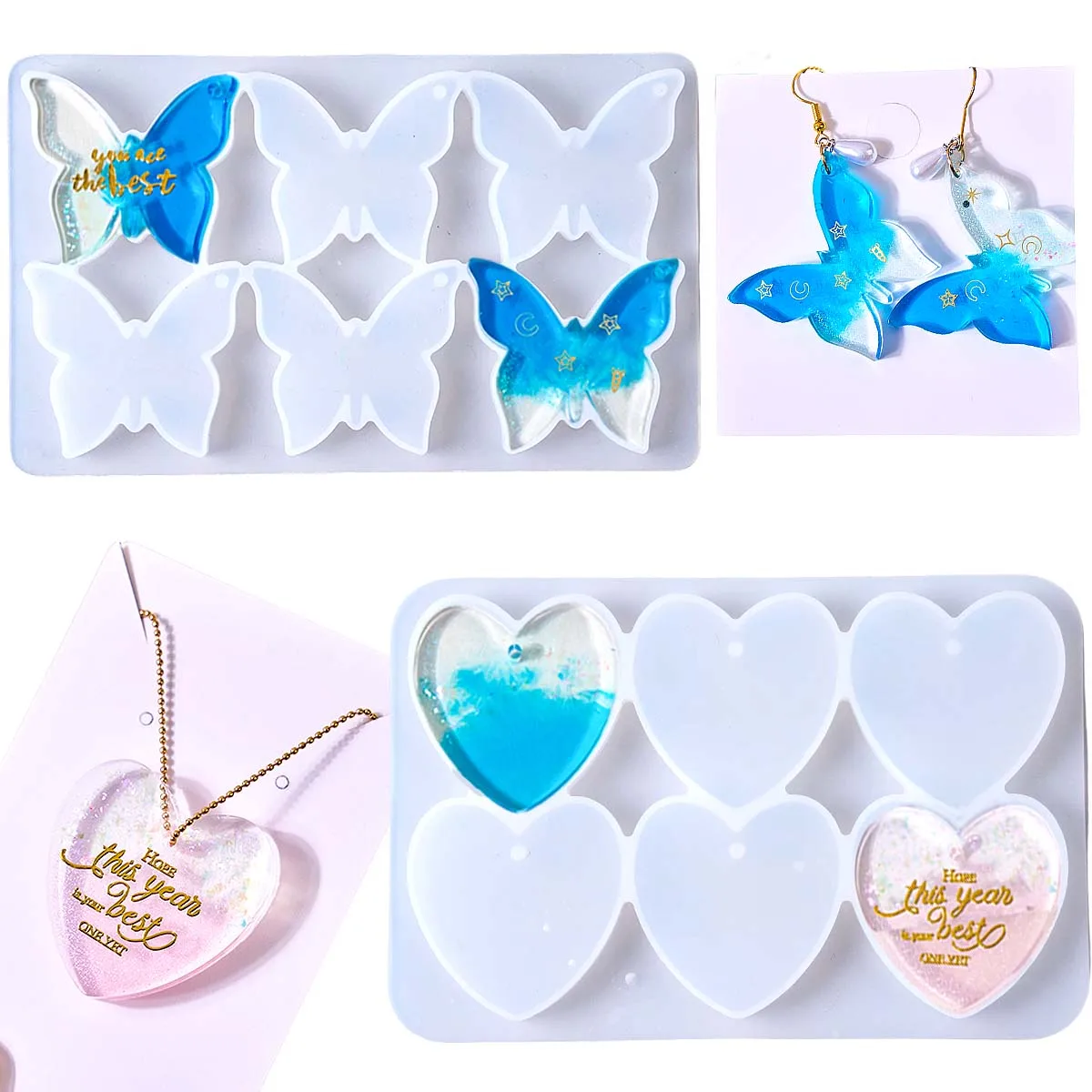 Six-hole with Holes Earring Silicone Mold DIY Heart Butterfly Shape Epoxy Resin Molds Pendant Keychain Jewelry Crafts Making - view 6
