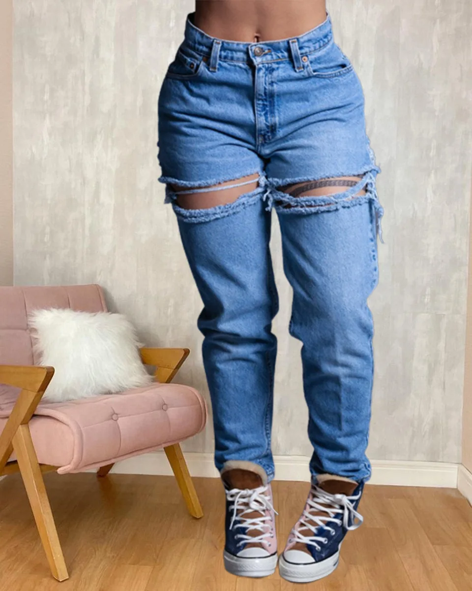 

Women Jeans Wide Leg Pants Loose Fit Zipper Fly Flat Holes Pockets High Waist Ankle Length Solid Color Streetwear Autumn