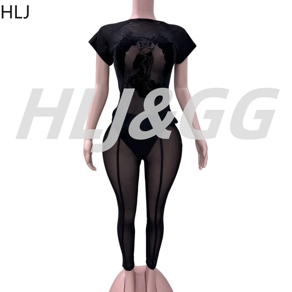 HLJ&GG Black Fashion Mesh See Though Print Two Piece Sets Women O Neck Short Sleeve Slim Top And Skinny Pants Outfits Streetwear