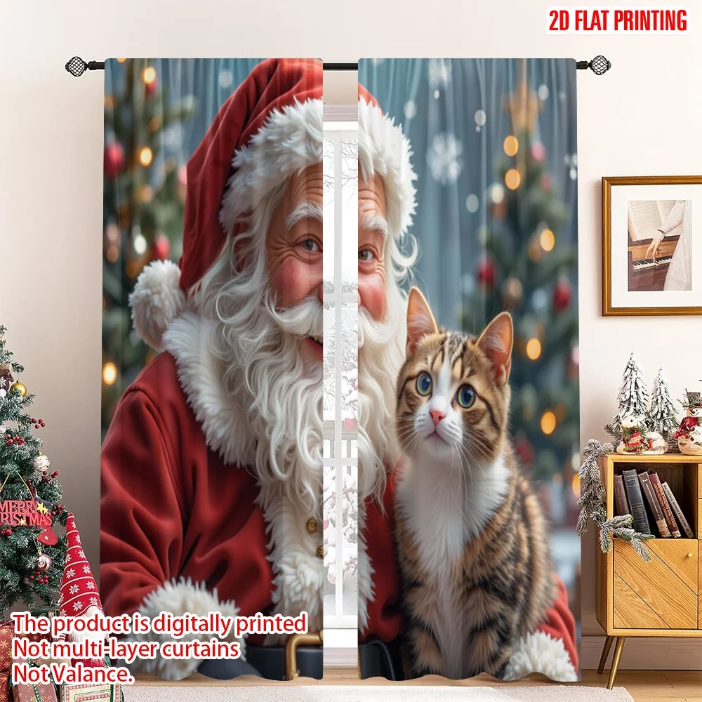 

2pcs 2D flat printing Christmas Curtain Santa Cat Christmas Festive Fun Polyester Without Electricity Holiday Decorations Use
