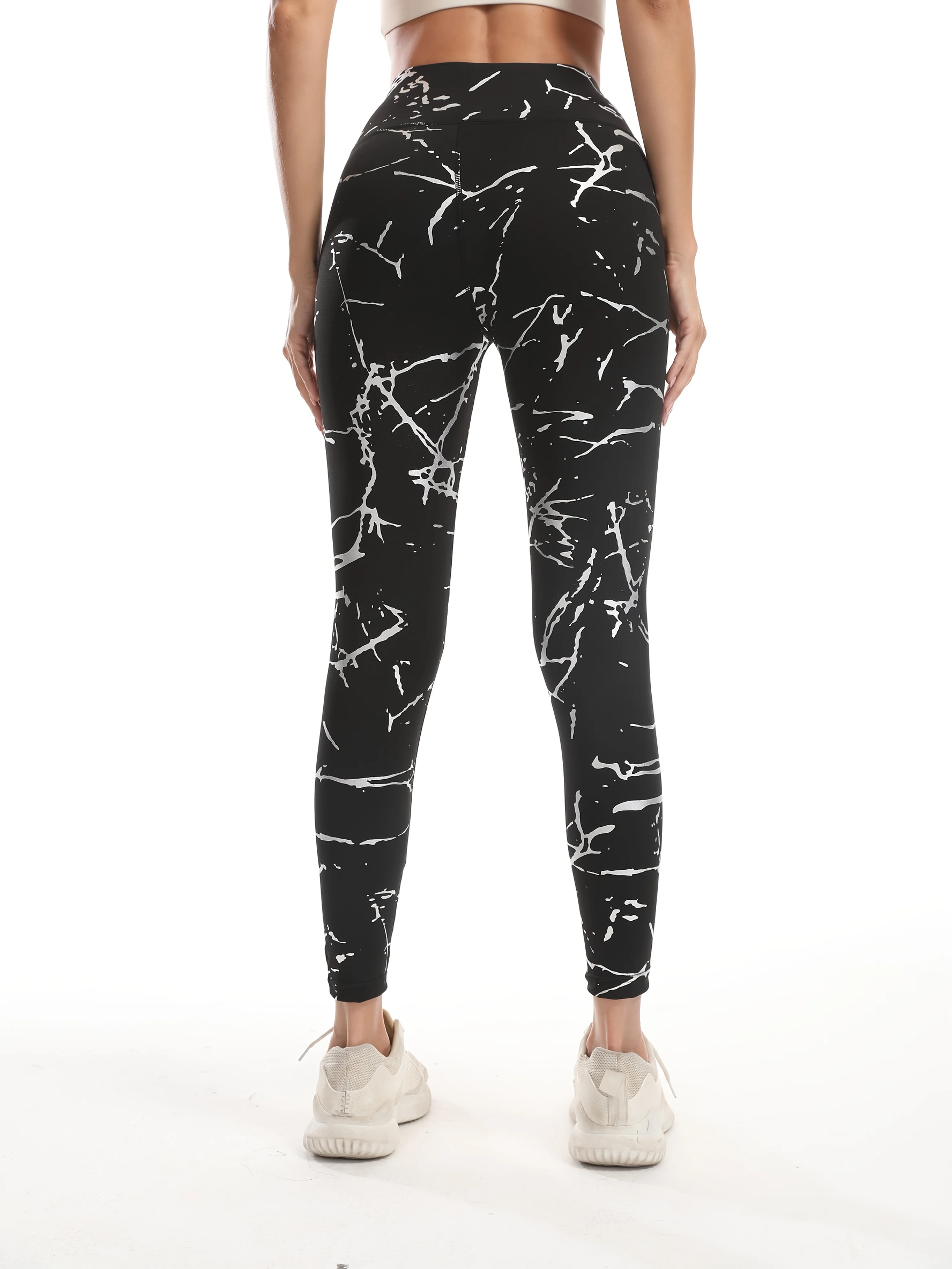 Women Black White Crack Marble Print Fleece Lined Leggings Mid Waist Stretch Fitness Yoga Sports Pants