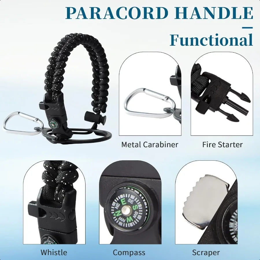 زجاجة مياه معزولة سعة 64 أونصة مع أغطية صنبور أوتوماتيكية من القش ومقبض باراكورد بنصف جالون وحزام زجاجة مياه وحامل أحذية واقية مع