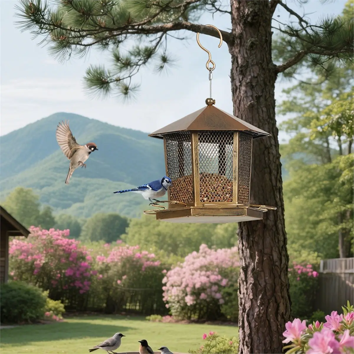 

Large Capacity Garden Bird Feeder Heavy Duty Iron Bird Food Bowl Squirrel Proof Hanging Parrot Feeding Station Outdoors