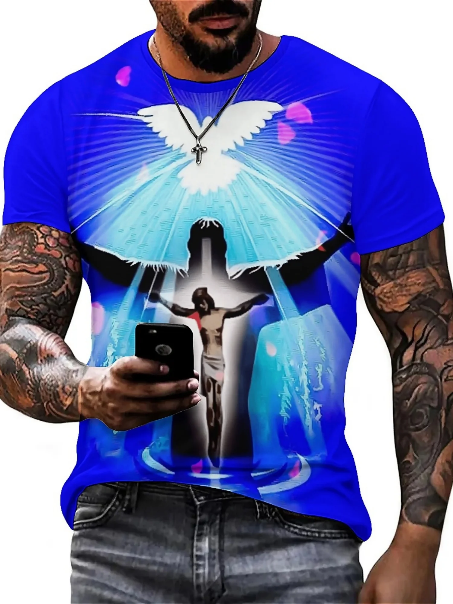 Camiseta masculina plus size com estampa 3D Jesus - azul com design de asa branca, manga curta, poliéster respirável,