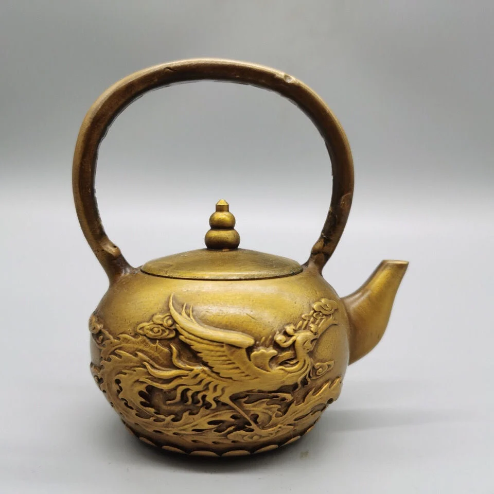 Bronze dragon and phoenix pot handmade Chinese metal teapot coffee tea drinking container tea set accessories