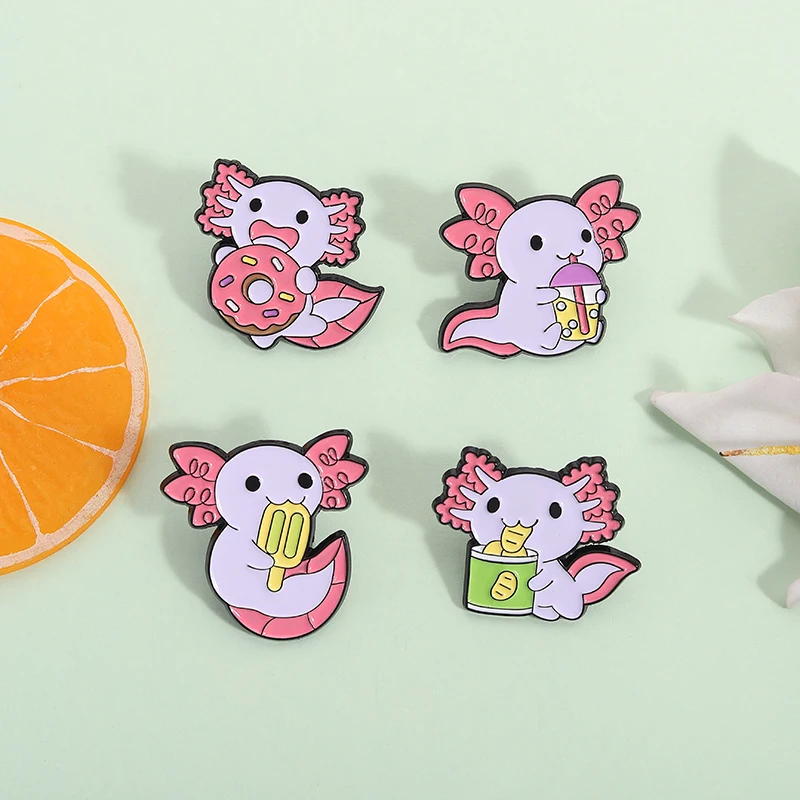 

Cute Cartoon Salamander Enamel Pins Creative Doughnut Juice Ice Cream Food Salamander Animal Brooches Lapel Badge Jewelry Gift