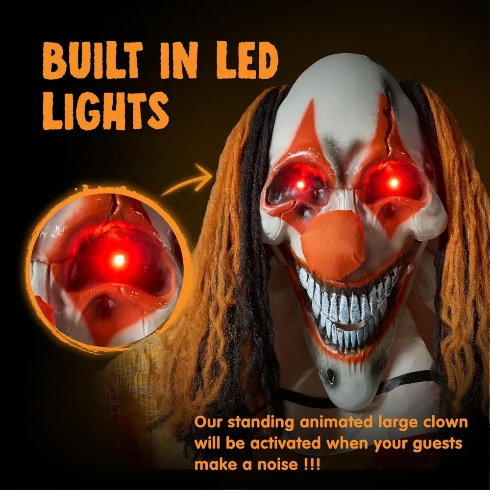 8.2ft Halloween Animatronics Clearance, Giant Standing Clown with Light-Up Eyes, Sound Activated and Moving Hands