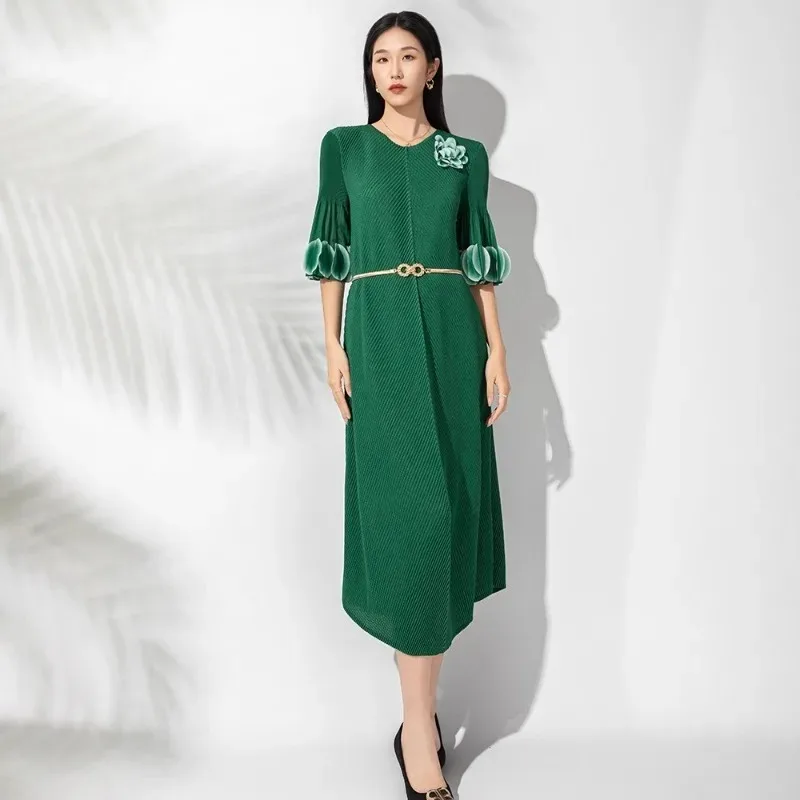 Miyake-vestido plisado de Color liso para mujer, vestido largo elástico holgado y fino drapeado europeo de talla grande, ropa para ir al trabajo en la oficina