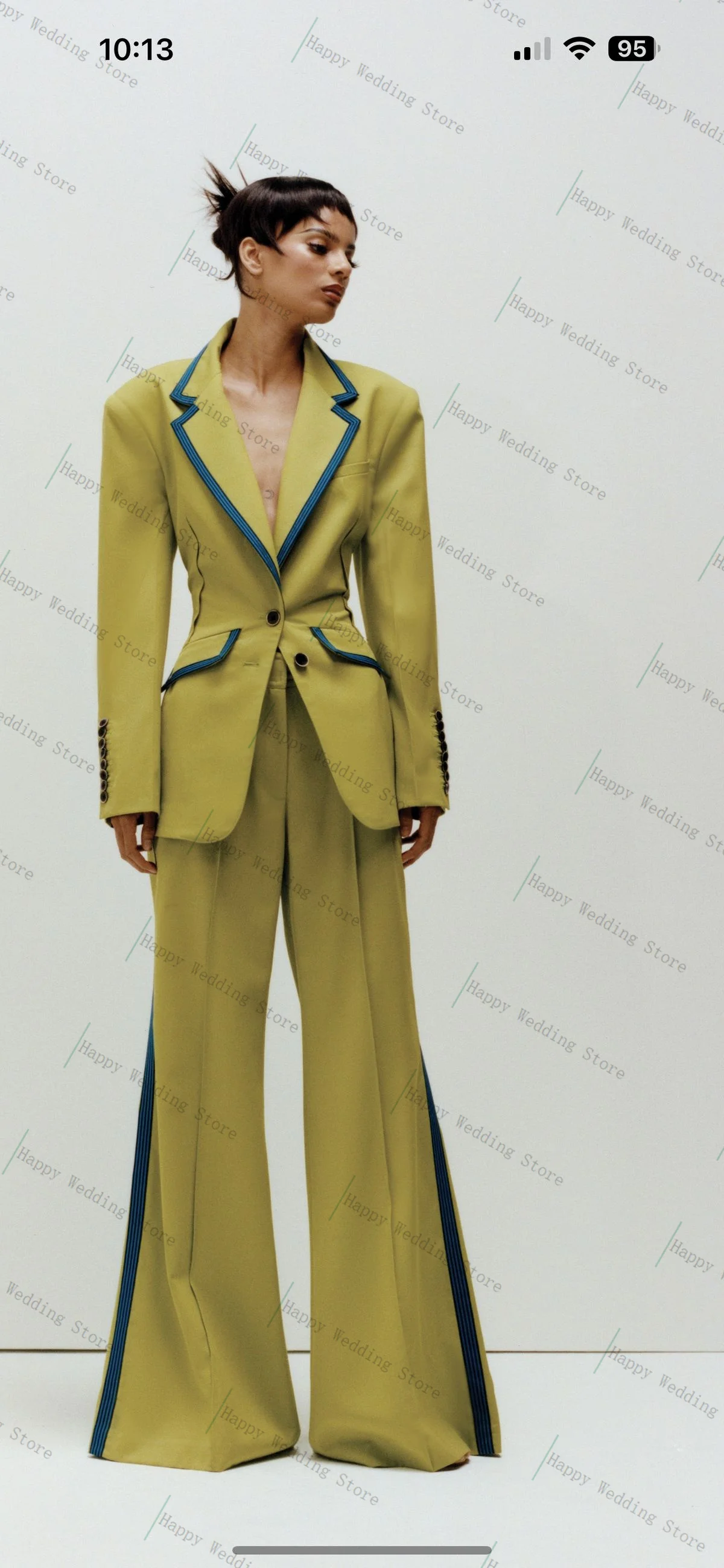 

Green Women Suit Set 2 Piece Blazer+Pants Trousers Cotton Stripe Sexy V Neck Formal Office Lady Customized Wedding Jacket Coat