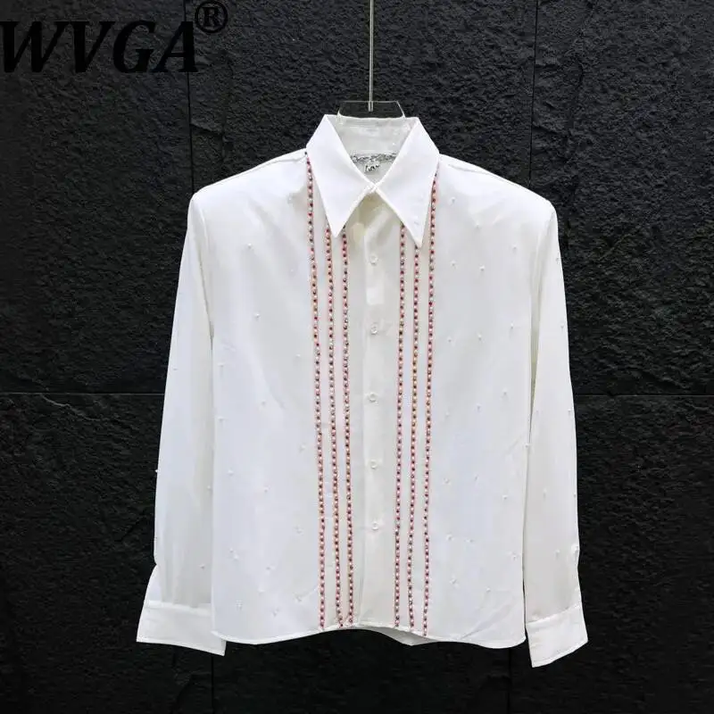 

WVGA New Men's Pearl-decorated Trendy Long Sleeved Shirt High-end Stylish Korean Style Niche Casual Broad-shouldered Tops W23850