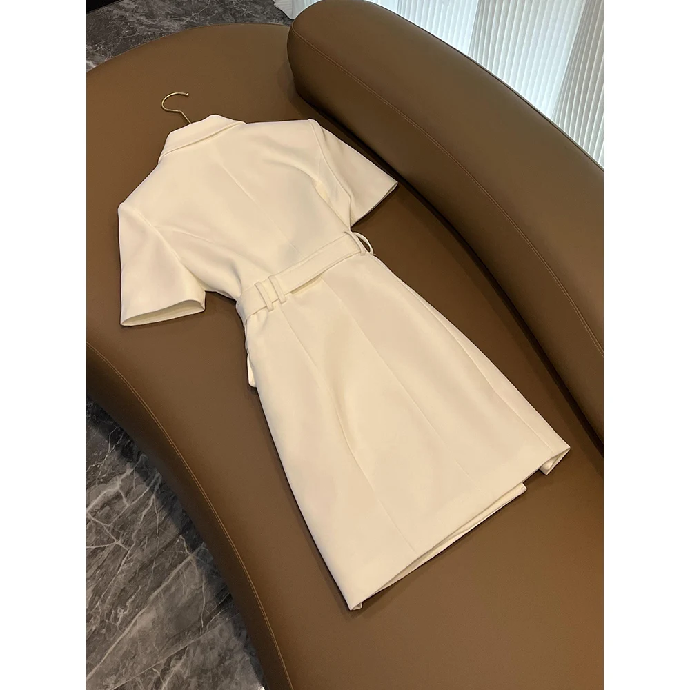 Hot New Fashion Classic Black/White Short Sleeve Pure Color Buttons Office Lady  Blazer Dress with Belt