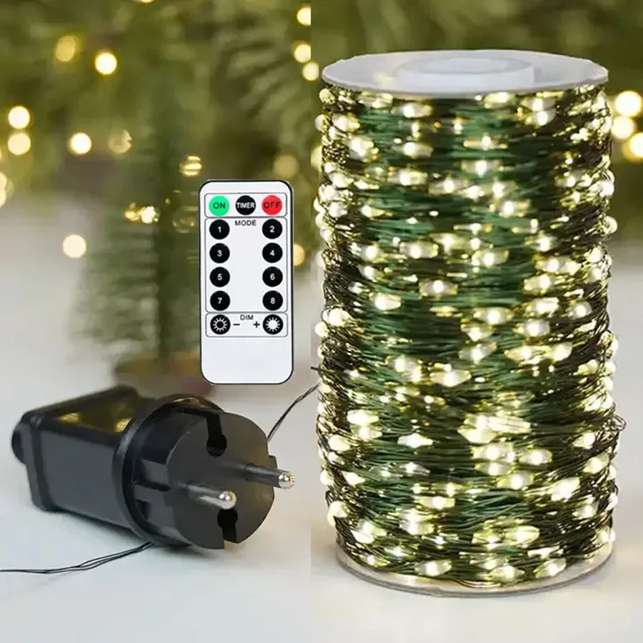 DC24V enchufe árbol de Navidad luz de hadas 100M 200M alambre de cobre verde cadena de luz al aire libre árbol de Navidad colgante guirnalda de luz