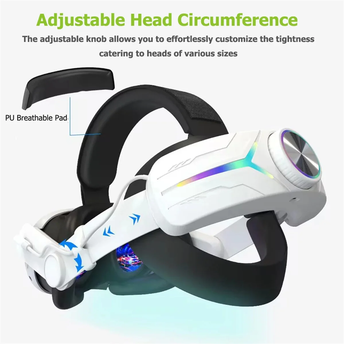 Elite Head Strap with RGB Light for Meta Quest 3 VR Accessories+8000Mah Battery Comfortable Head Strap Esports White