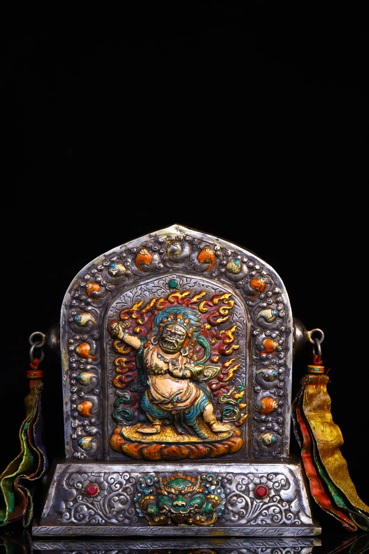 

9"Tibetan Temple Collection Old Tiantie Painted Mosaic Gem Gawu Box Vajrapani Bodhisattva Buddha Box Buddhist Niche Worship Hall