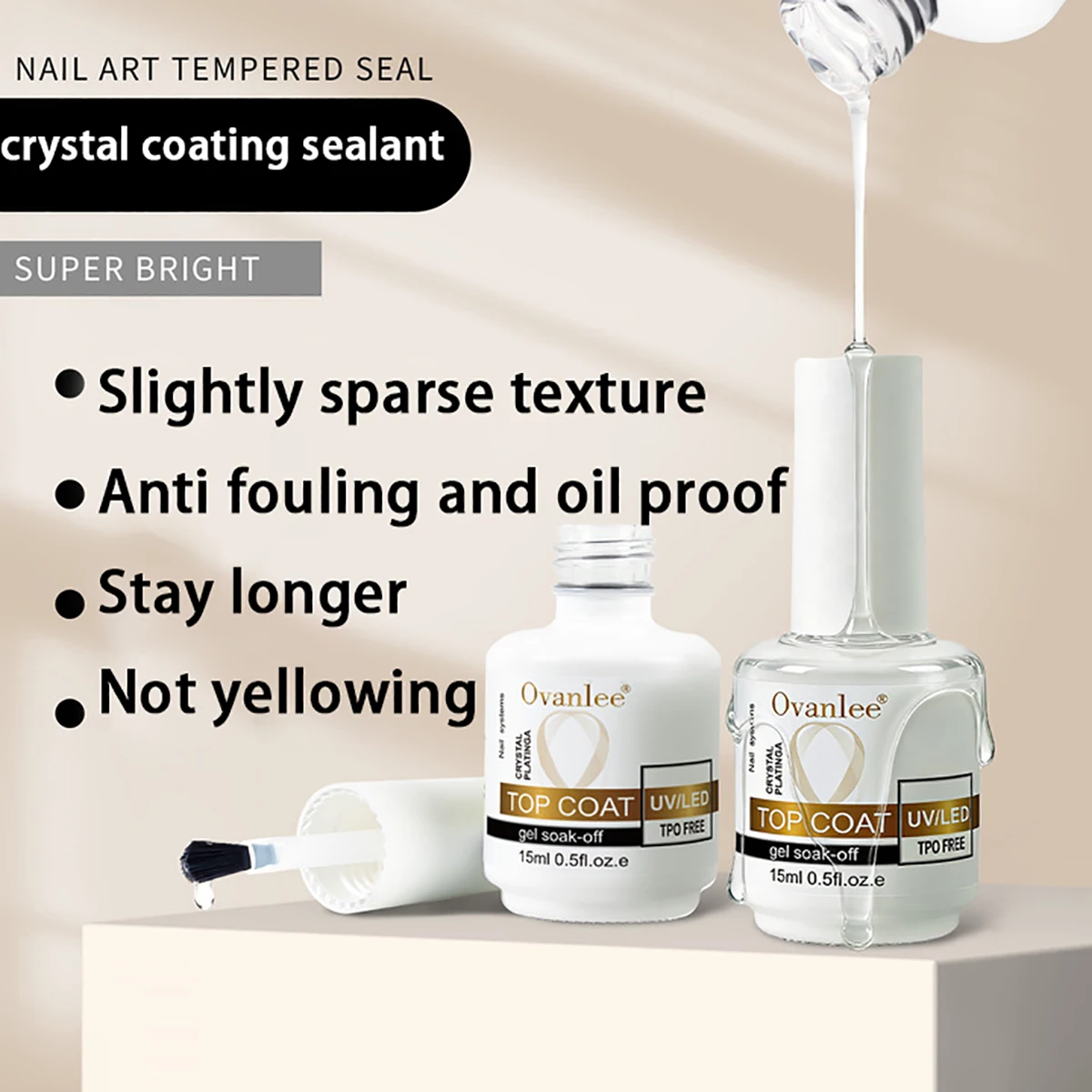 2pcs Ovanlee 15ml Extra Glossy Top Coat – TPO Free UV/LED Gel for 28-Day Mirror Shine, Anti-Scratch & Waterproof Nails