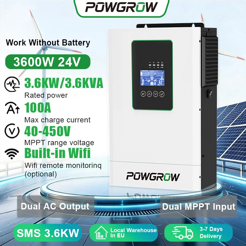 POWGROW 12KW 6.5KW 5KW 3.6KW Solar Hybride MPPT Omvormer 24V 48V 220V Max 500V PV Ingang Solar Batterijlader Met BMS Bescherming Voor Residentieel Off-Grid Zonnesysteem
