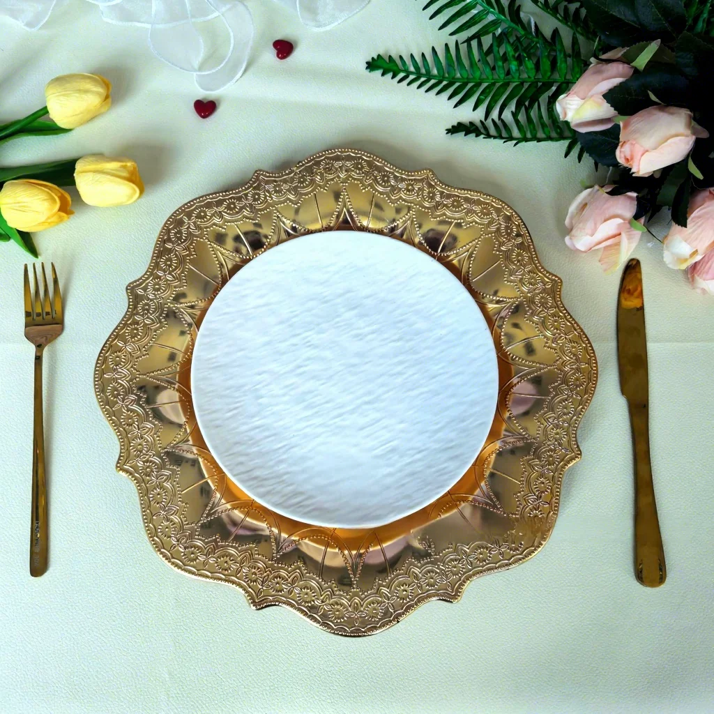 Gold Plated Decorative Wedding Charger Plate New Fashionable Export Model Electroplated Dinnerware for Special Occasion