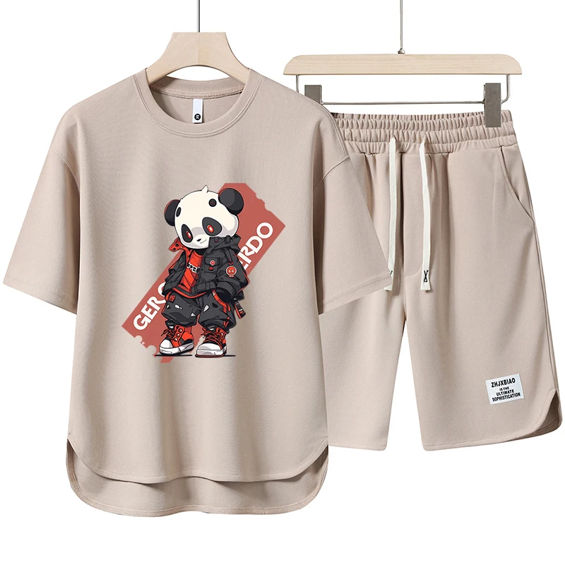 Short Summer Men Suit  Cartoon Panda Printed T-shirts Shorts 2 Piece Set Breathable Waffle Top Fashionable Men's Clothing 2024