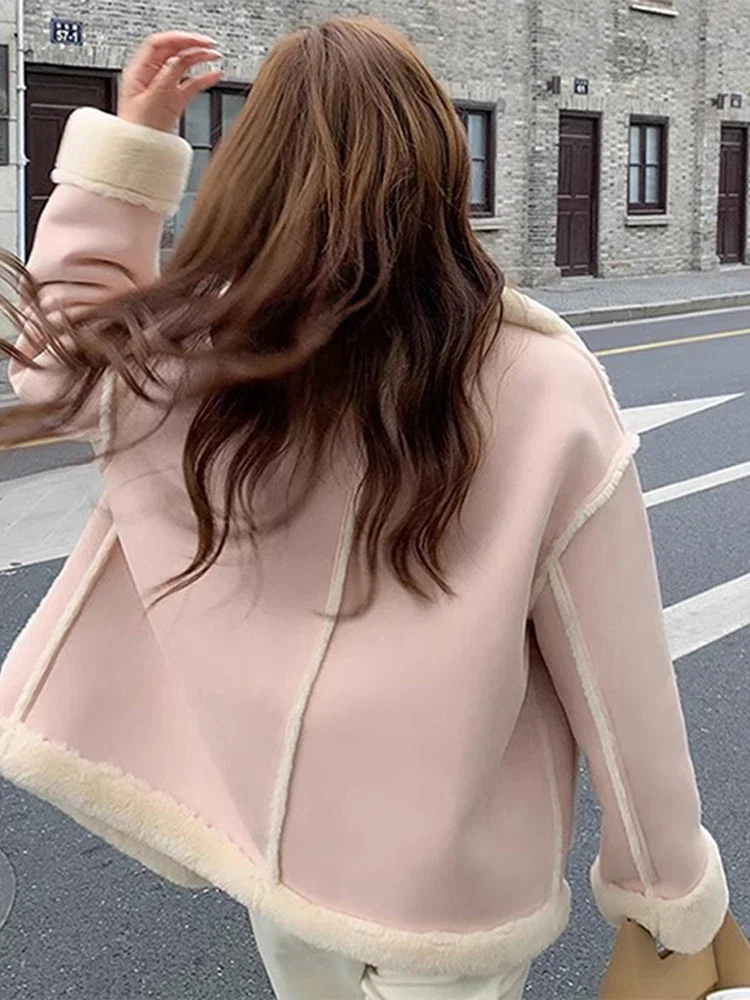 Faux Fur Jacket Women Street Casual Standneck Thicken Korean Warm Coat Female Winter Solid Chic Plush  Loose Outwears Lady