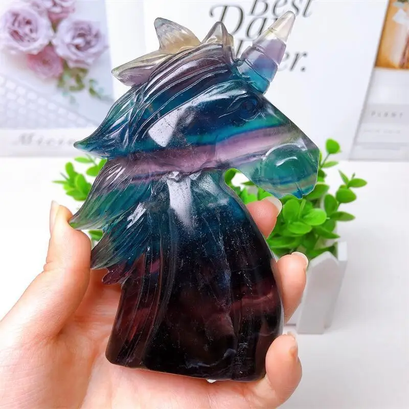 Natural Rainbow Fluorite Unicorn Crystal Carving Statue As Gifts Or Used For Decoration Of Domestic Rooms 1pcs