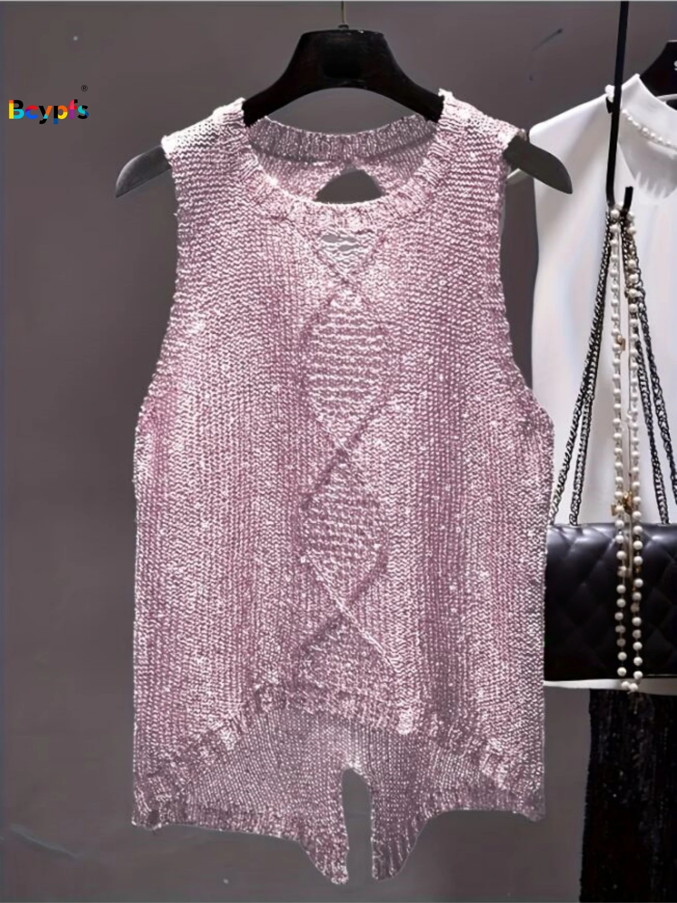 2026 Neue Damen Rosa Lurex Ärmellose Strickweste - Ausschnitt am Hals, Geschlitzter Saum, Stilvolles Büro-Casual Vielseitiges Oberteil