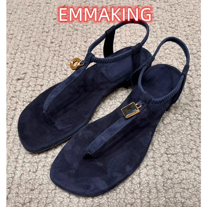 Retro Two-style Metal Buckle Flip Flops Leisure Elegant Leather Chunky Heel Sandals Female Summer Seaside Holiday Roman Slippers